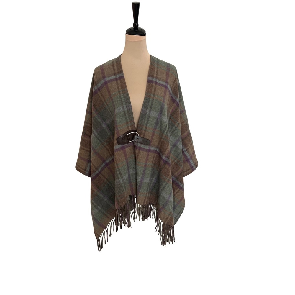 Lauren Ralph Lauren Plaid Wool Blend Poncho Green Brown Buckle Fringe Wrap OS